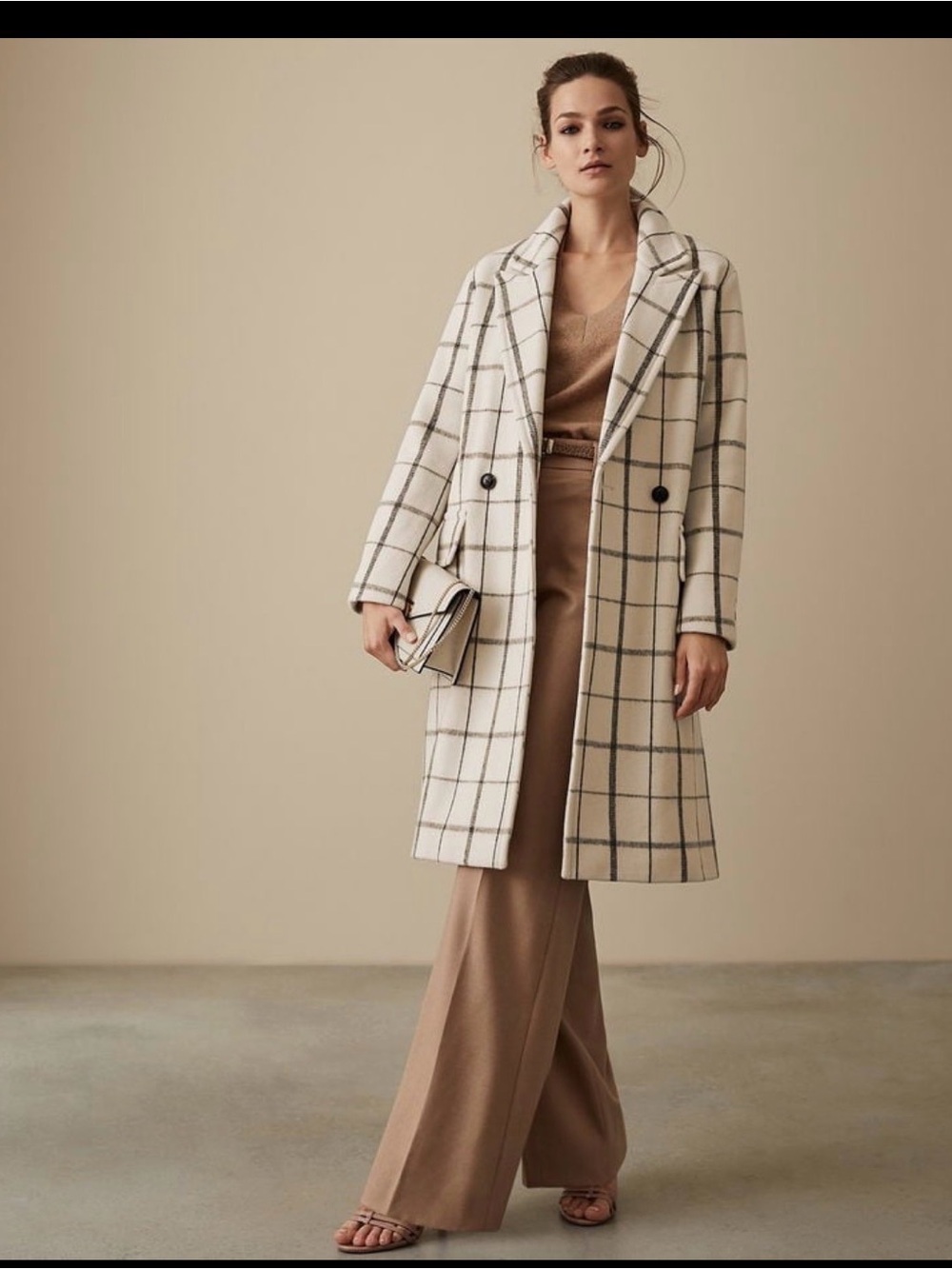 Reiss Cream Windowpane Double-Breasted Wool Coat